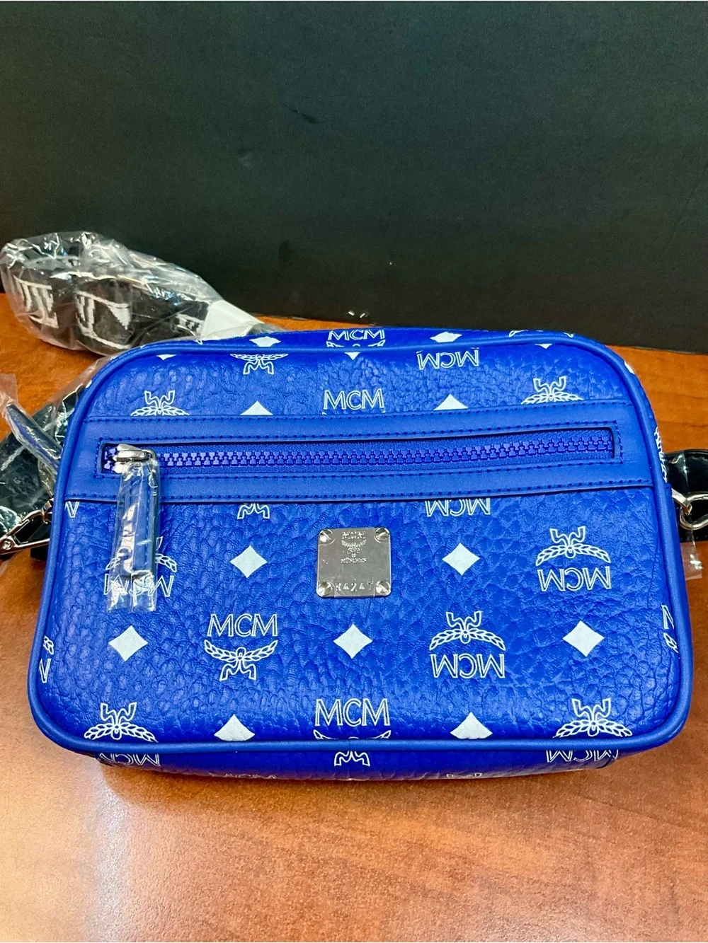 MCM Royal Blue Visetos Logo Messenger Bag, with Polished Metal Logo Plaque